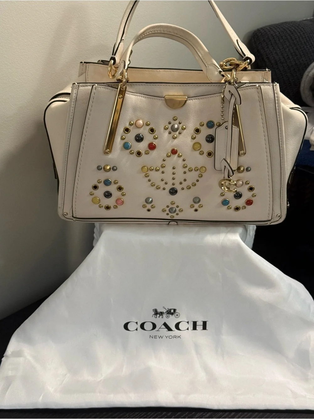 Coach Dreamer Cream Leather Satchel LIKE New with Multicolor Stud Accents!!